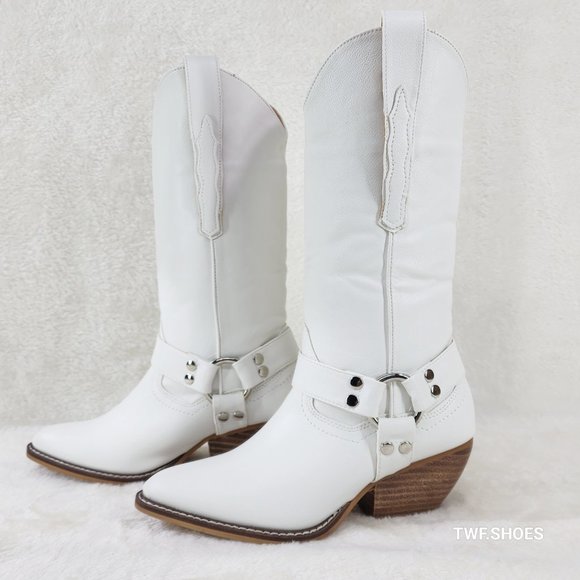Western Rider Cut Harness White Leatherette Cowboy Pull On Country Cowgirl Boots - Picture 9 of 11